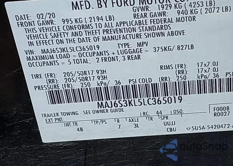 2020 Ford Ecosport Titanium z USA, uszkodzony, nr VIN MAJ6S3KL5LC365019